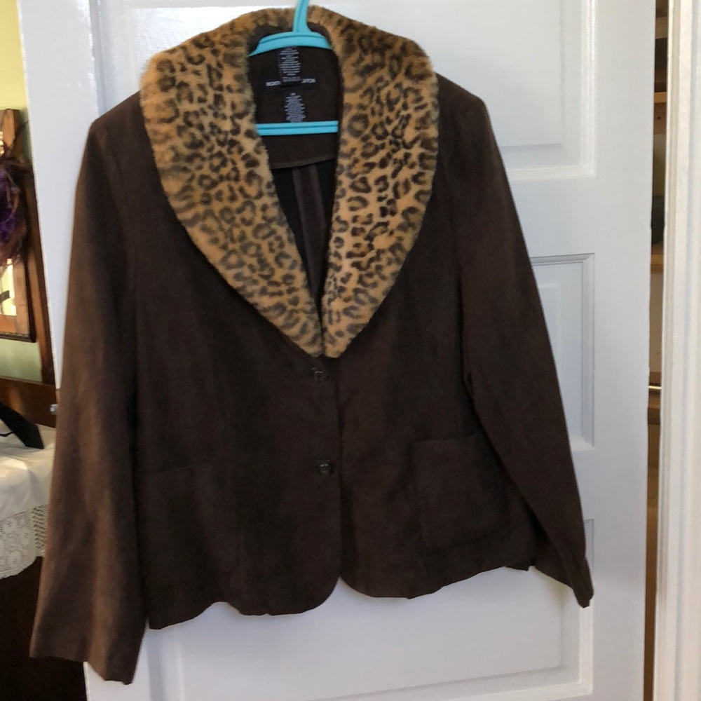 Brown Suede and Faux Cheetah Print Collar Jacket